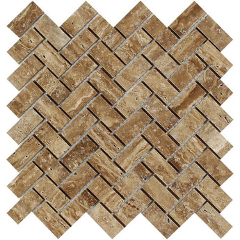 1 x 2 Unfilled Polished Noce Exotic (Vein-Cut) Travertine Herringbone Mosaic Tile.
