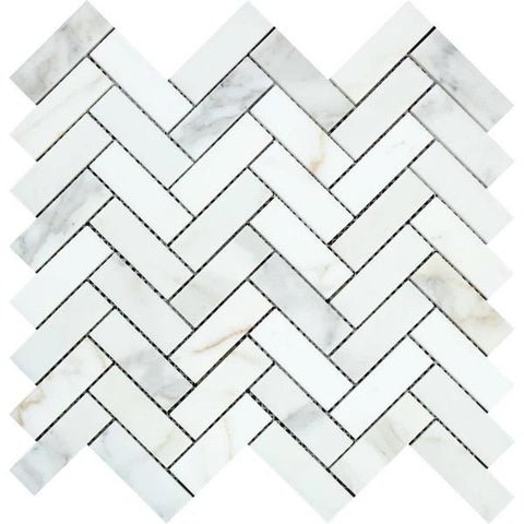 1 x 3 Honed Calacatta Gold Marble Herringbone Mosaic Tile.