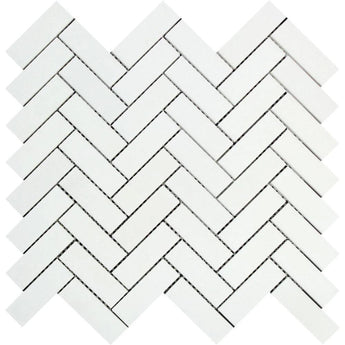 1 x 3 Polished Thassos White Marble Herringbone Mosaic Tile.