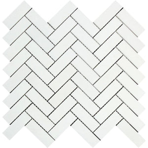 1 x 3 Polished Thassos White Marble Herringbone Mosaic Tile.