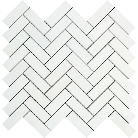 1 x 3 Polished Thassos White Marble Herringbone Mosaic Tile.