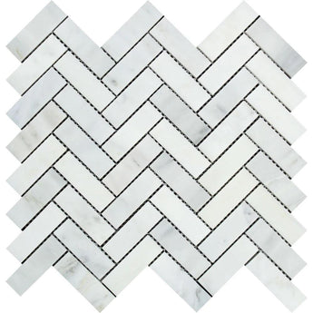 1 x 3 Polished Oriental White Marble Herringbone Mosaic Tile.