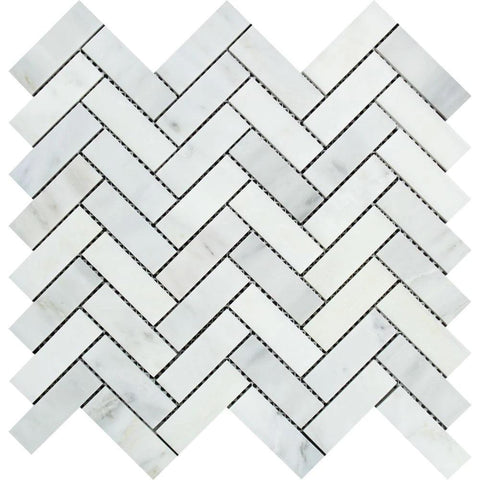 1 x 3 Polished Oriental White Marble Herringbone Mosaic Tile.