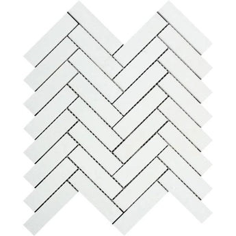 1 x 4 Honed Thassos White Marble Herringbone Mosaic Tile.