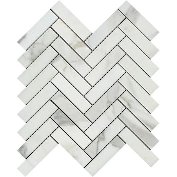 1 x 4 Honed Calacatta Gold Marble Herringbone Mosaic Tile.