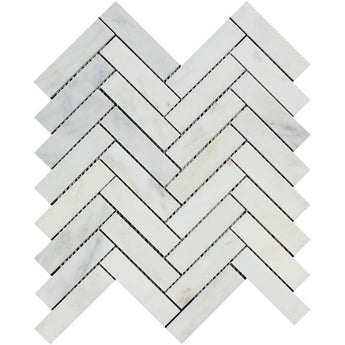 1 x 4 Honed Bianco Carrara Marble Herringbone Mosaic Tile.