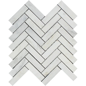 1 x 4 Polished Oriental White Marble Mini Herringbone Mosaic Tile.