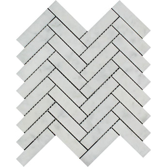 1 x 4 Polished Bianco Carrara Marble Herringbone Mosaic Tile.