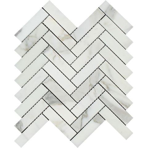 1 x 4 Polished Calacatta Gold Marble Herringbone Mosaic Tile.