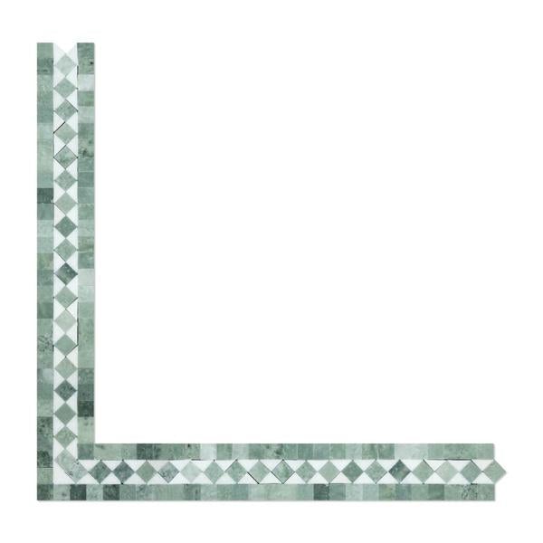 2 x 12 Honed Thassos White Marble BIAS Border w/ Ming Green Dots.