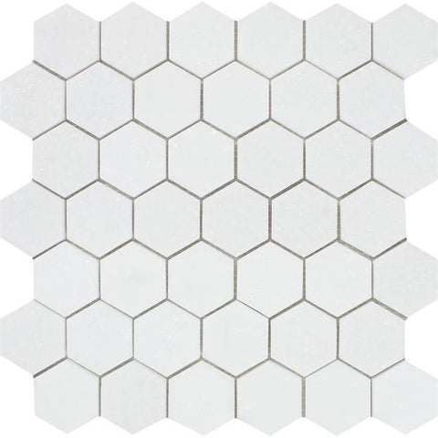 2 x 2 Honed Thassos White Marble Hexagon Mosaic Tile.