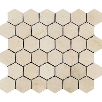 2 x 2 Polished Crema Marfil Marble Hexagon Mosaic Tile.