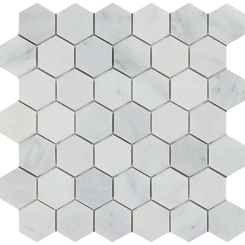 2 x 2 Polished Oriental White Marble Hexagon Mosaic Tile.