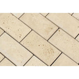 2 x 4 Honed Ivory Travertine Deep-Beveled Brick Mosaic Tile.