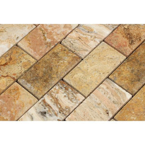 2 x 4  Honed Scabos Travertine Deep-Beveled Brick Mosaic Tile.