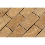 2 x 4 Tumbled Noce Travertine Deep-Beveled Brick Mosaic Tile.