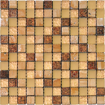 INKA copper mosaic tile from MosaicBros.com featuring glass, resin, and stone in a vibrant, intricate mosaic design.