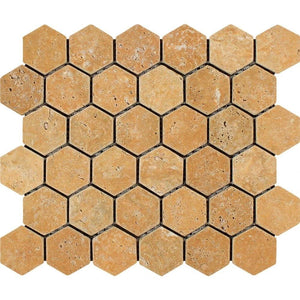 2 x 2 Tumbled Gold Travertine Hexagon Mosaic Tile.
