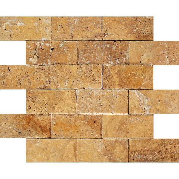 2 x 4 Split-faced Gold Travertine Brick Mosaic Tile.