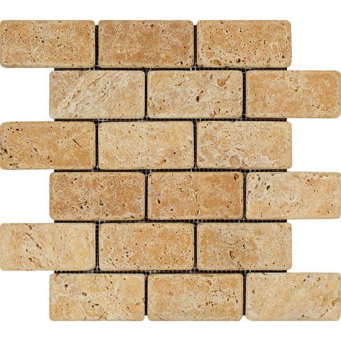 2 x 4 Tumbled Gold Travertine Brick Mosaic Tile.