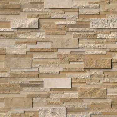 Ivory & Noce Travertine Multi Blend 6x24 Stacked Stone Ledger Panel.