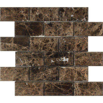 2 x 4 Polished Emperador Dark Marble Deep-Beveled Brick Mosaic Tile.