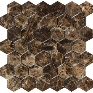 2 x 2 Polished Emperador Dark Marble Hexagon Mosaic Tile.