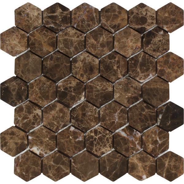 2 x 2 Tumbled Emperador Dark Marble Hexagon Mosaic Tile.
