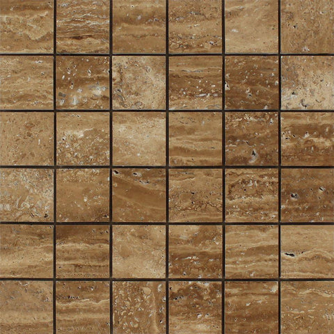 2 x 2 Unfilled Brushed Noce Exotic (Vein-Cut) Travertine Mosaic Tile.