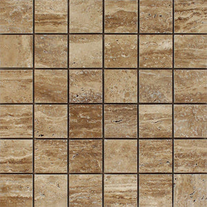 2 x 2 Unfilled Polished Noce Exotic (Vein-Cut) Travertine Mosaic Tile.