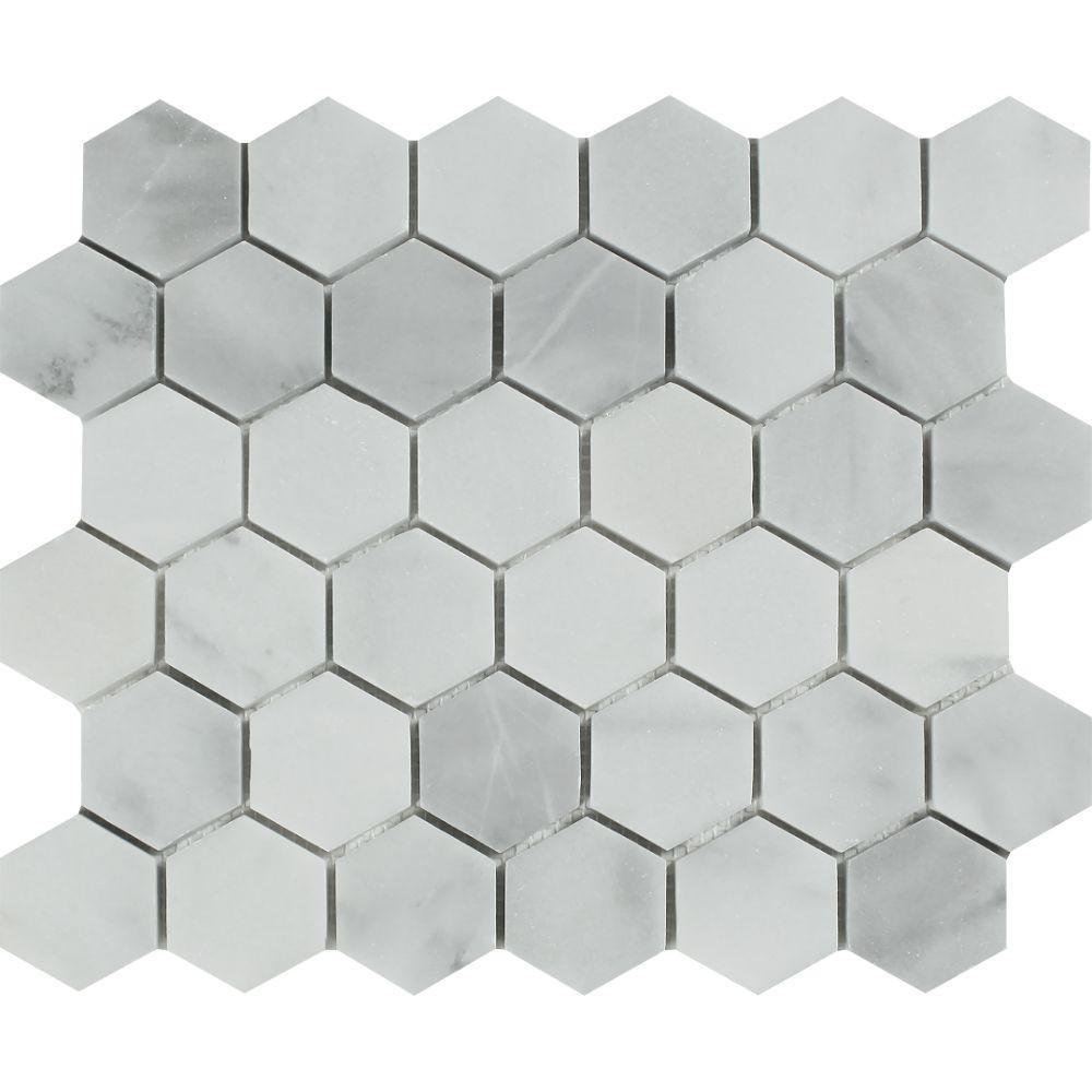 2 x 2 Honed Bianco Mare Marble Hexagon Mosaic Tile.