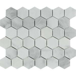 2 x 2 Honed Bianco Mare Marble Hexagon Mosaic Tile.
