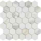 2 x 2 Honed Calacatta Gold Marble Hexagon Mosaic Tile.