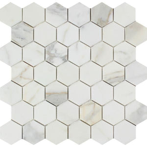 2 x 2 Honed Calacatta Gold Marble Hexagon Mosaic Tile.