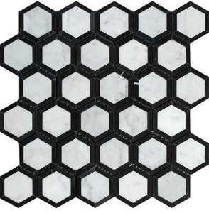 2 x 2 Honed Bianco Carrara Marble Vortex Hexagon Mosaic Tile (w/ Black).