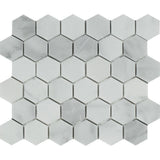 2 x 2 Polished Bianco Mare Marble Hexagon Mosaic Tile.