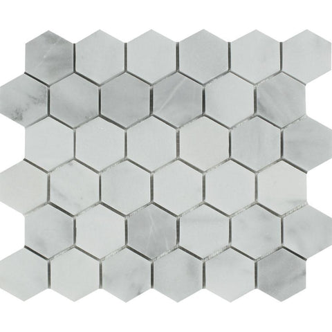2 x 2 Polished Bianco Mare Marble Hexagon Mosaic Tile.