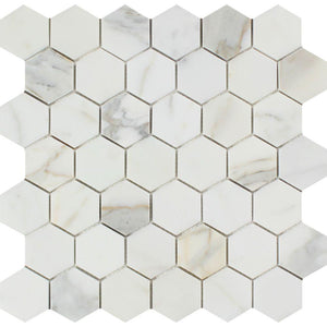 2 x 2 Polished Calacatta Gold Marble Hexagon Mosaic Tile.