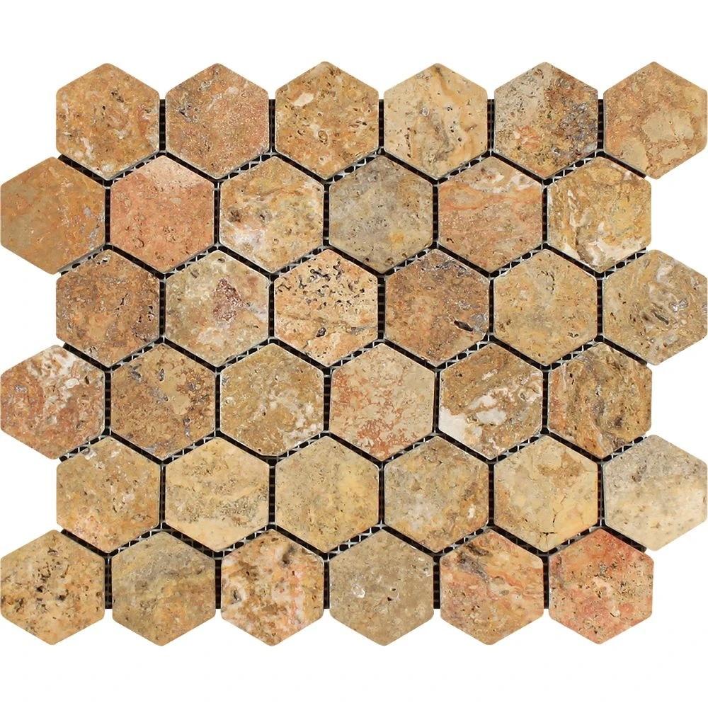 2 x 2 Tumbled Scabos Travertine Hexagon Mosaic Tile.