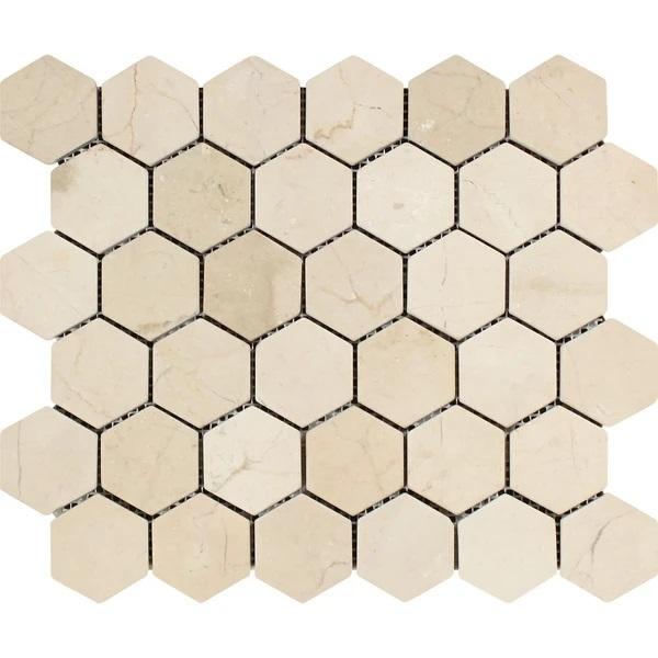2 x 2 Tumbled Crema Marfil Marble Hexagon Mosaic Tile.