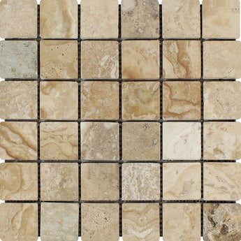 Two 2x2 tumbled Philadelphia travertine mosaic tiles with natural earthy tones, showcasing textured surface and grout lines.