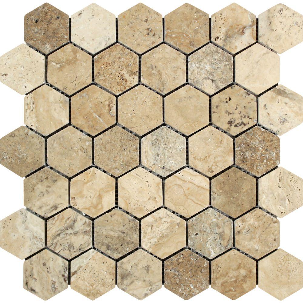 2 x 2 Tumbled Philadelphia Travertine Hexagon Mosaic Tile.