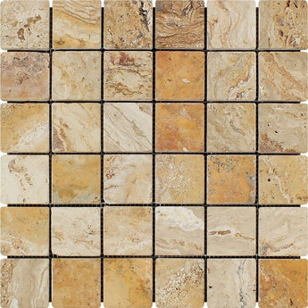 Two square tumbled Valencia travertine mosaic tiles with warm beige tones and natural textured surface.