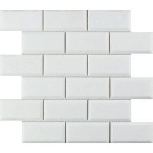 2 x 4 Polished Thassos White Marble Deep-Beveled Brick Mosaic Tile.