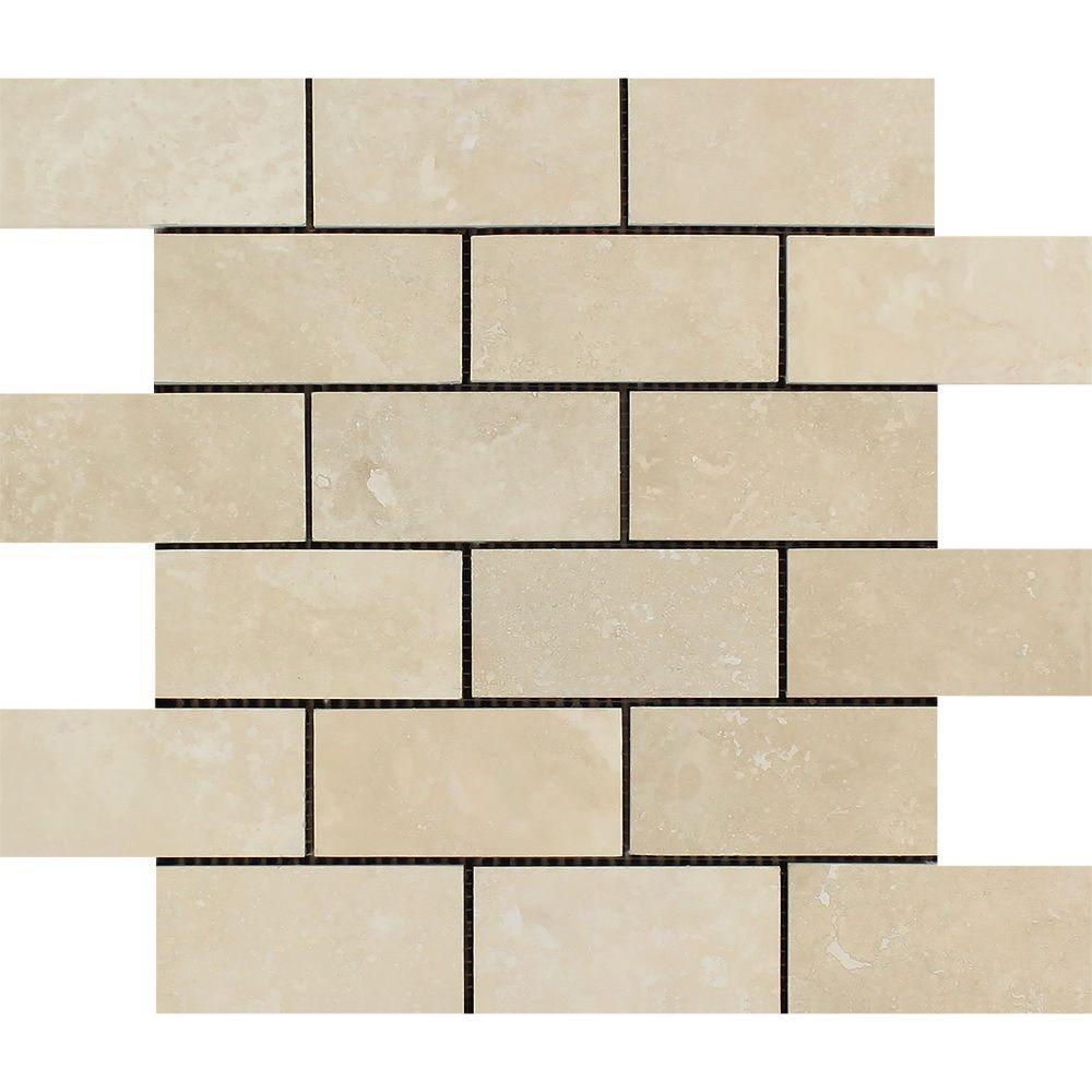 2 x 4 Honed Ivory Travertine Brick Mosaic Tile.