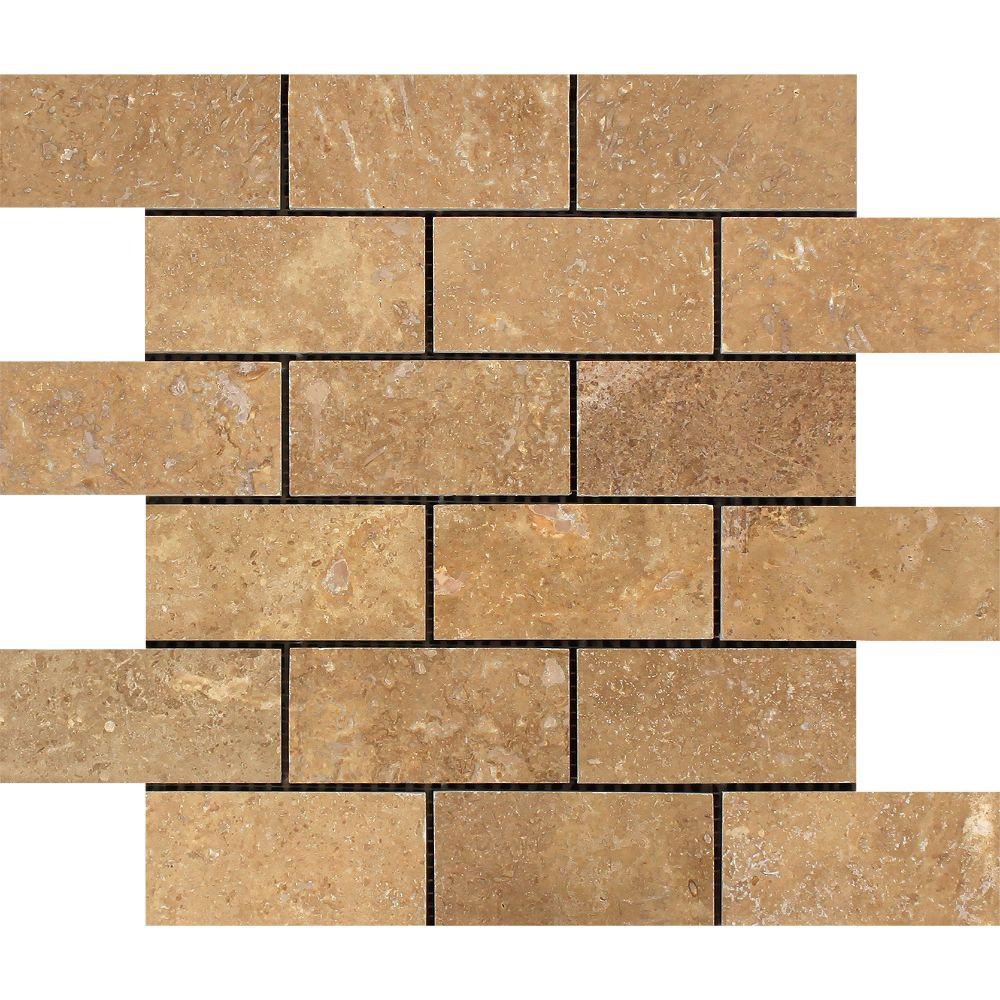 2 x 4 Honed Noce Travertine Brick Mosaic Tile.