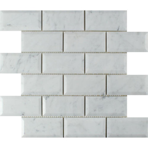 2 x 4 Honed Bianco Carrara Marble Deep-Beveled Brick Mosaic Tile.