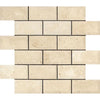 2 x 4 Honed Ivory Travertine Deep-Beveled Brick Mosaic Tile.