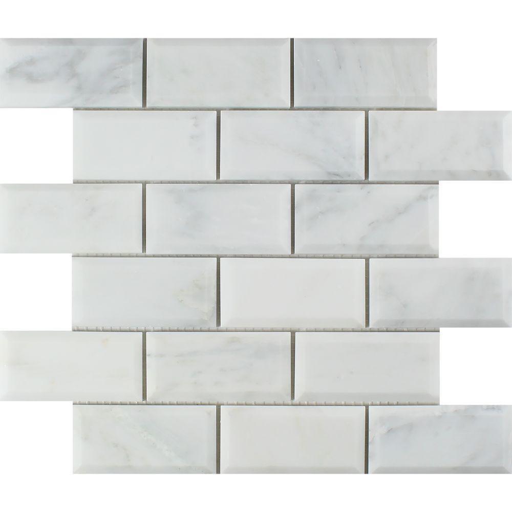2 x 4 Honed Oriental White Marble Deep-Beveled Brick Mosaic Tile.