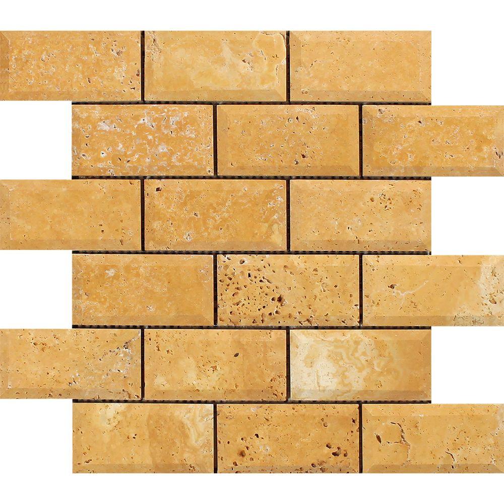 2 x 4 Honed Gold Travertine Deep-Beveled Brick Mosaic Tile.